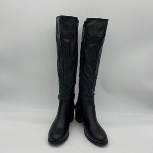 Black Leather Round Toe Buckle Long Boots Chunky